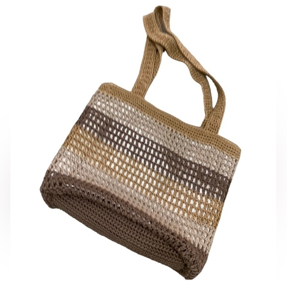 The Sak neutral stripe crochet over gold metallic shoulder bag top zipper - Picture 3 of 13
